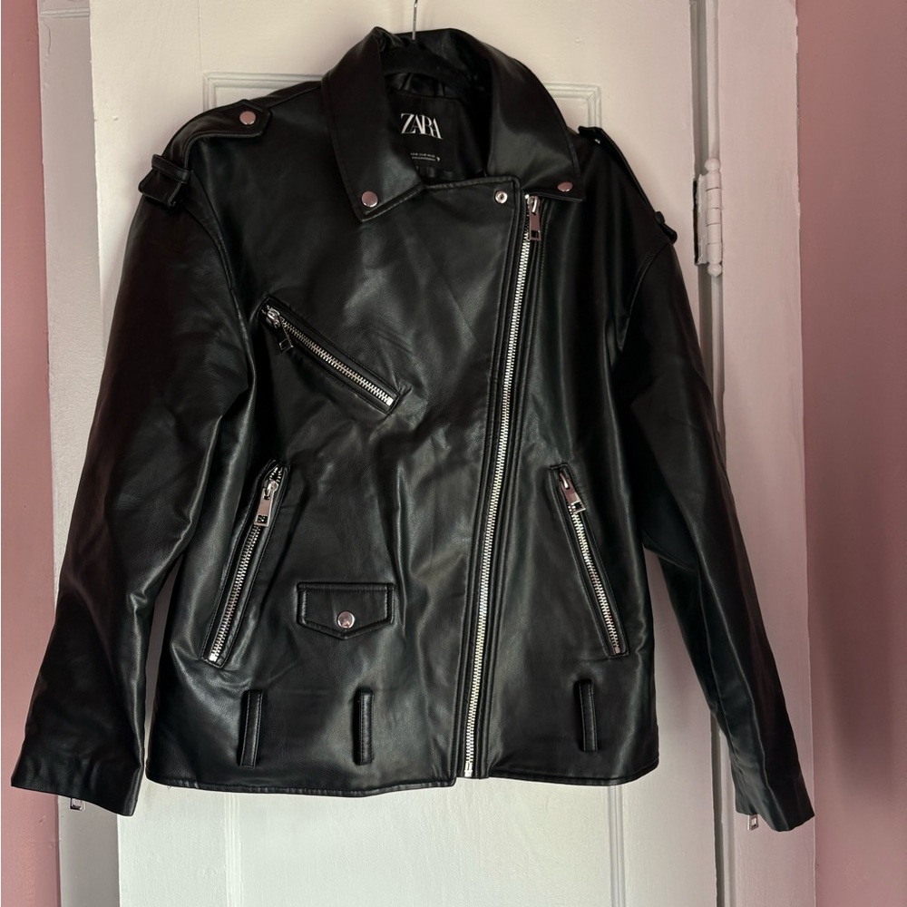 ZARA Black Faux Leather Moto Jacket Zip Biker Style Size M